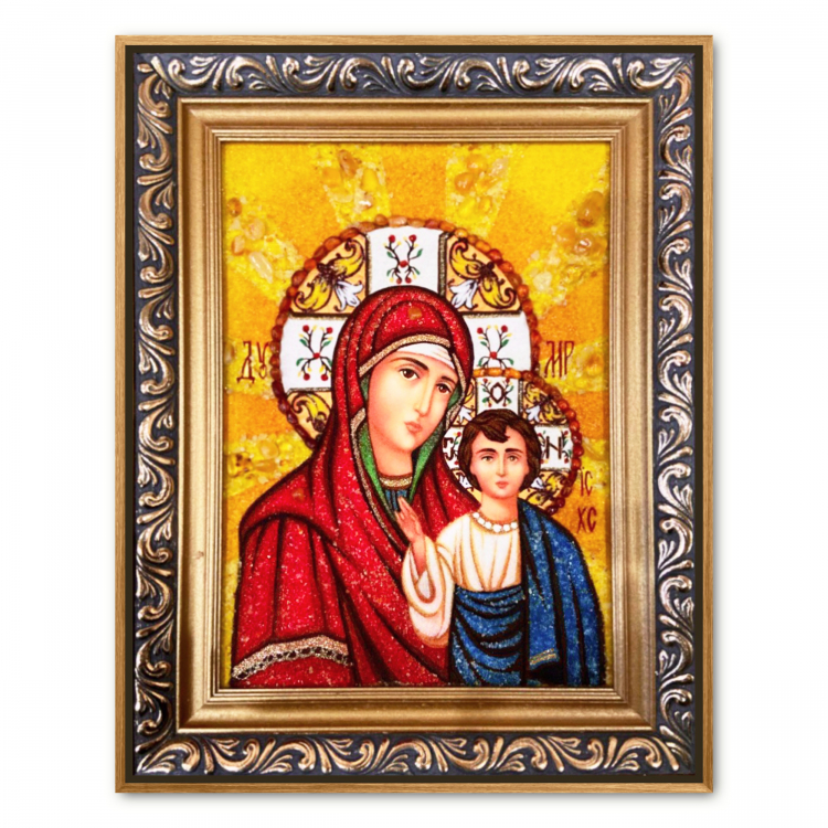 Ікона Казанська Богородиця з променями з бурштину