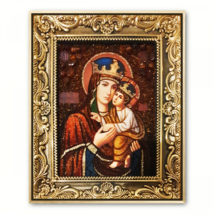 Ікона Києво-Братська Свята Богородиця з бурштину