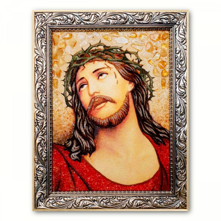 Католицька ікона Ісус Христос у Терновому Вінку з бурштину