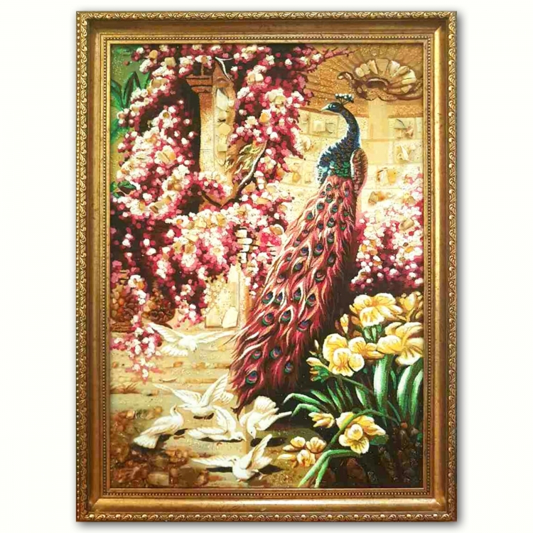 Картина Казковий павич у квітучому саду з бурштину