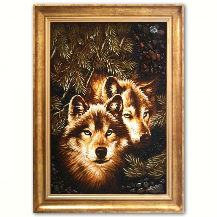 Картина Вовки у соснових гілках з бурштину