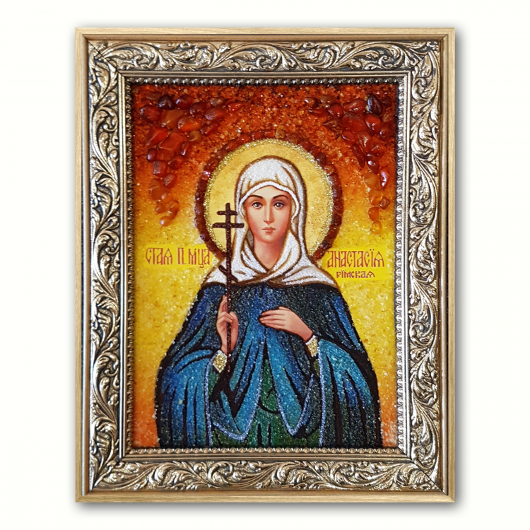 Ікона Свята Преподобномучениця Анастасія  з бурштину