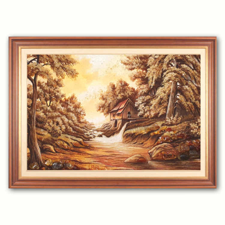 Пейзаж - Будиночок в осінньому лісі з бурштину