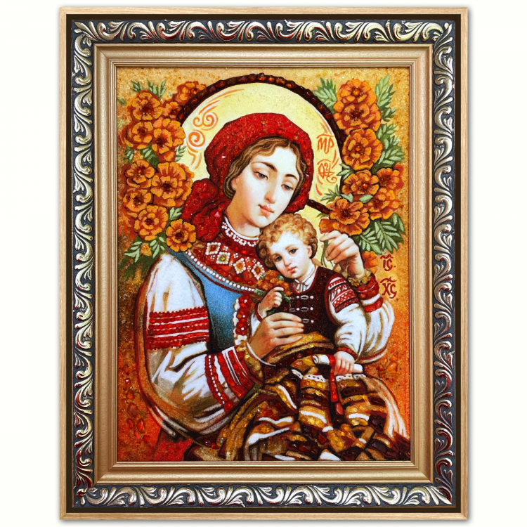 Ікона Богородиця у вишиванці (Олександра Охапкіна) з бурштину