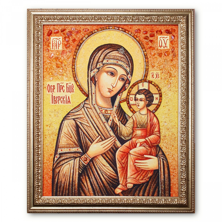 Ікона Іверська Матір Божа з бурштину